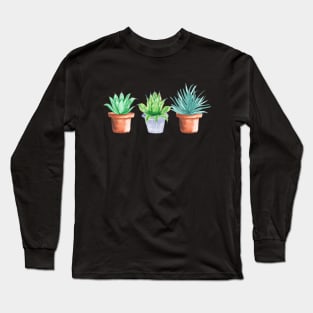 Watercolor Potted Green Succulents Long Sleeve T-Shirt